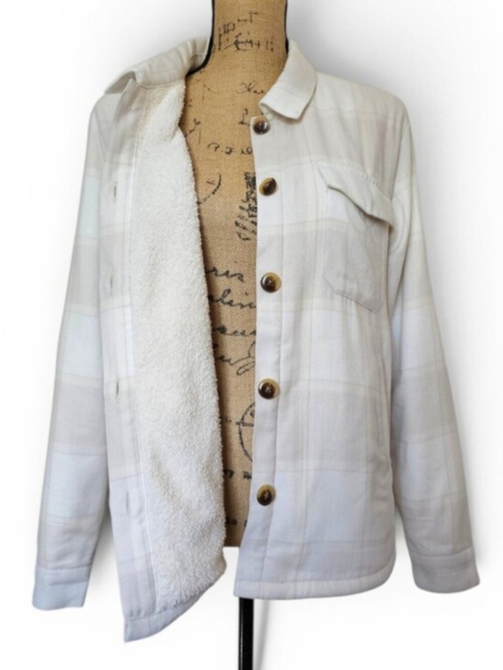 Kuhl Ember Sherpa Lined Flannel Shirt Women's Jacket Cream Plaid Shacket Cozy, S